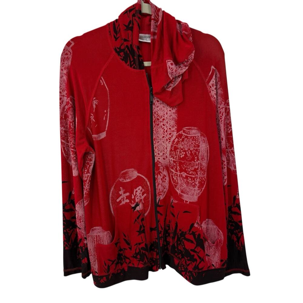 Chicos Travelers Jacket 3 XL Red Black Lantern Print Zip Hooded Art Top - Picture 11 of 11